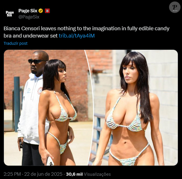 Kanye West pagou mais de meio milhão de reais para Bianca Censori vestir lingerie feita de balinhas e desfilar na rua