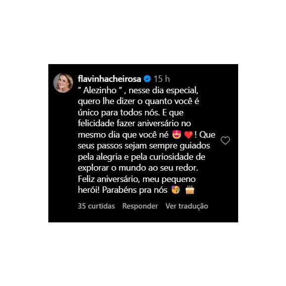 Flavinha Cheirosa, apontada como affair do ex-marido de Ana Hickmann, revelou que compartilha a mesma data de aniversário com o filho de Alexandre, carinhosamente chamado de "Alezinho".
