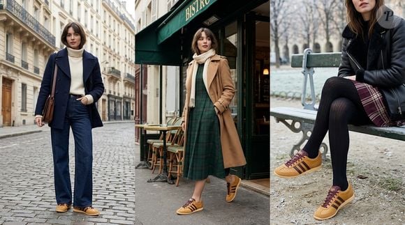 Jeans largo, vestido ou meia-calça: novo Adidas Japan na cor "crème brûlée" combina com diferentes estilos neste inverno