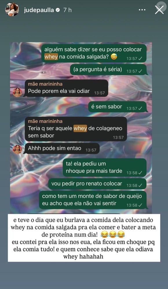 Jude Paulla revelou, no Instagram, que até usava whey protein para que auxiliasse a alimentação de Preta Gil a ficar mais nutritiva.