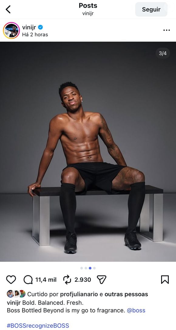 Vini Jr. apareceu sem camisa para divulgar um perfume de uma grife internacional