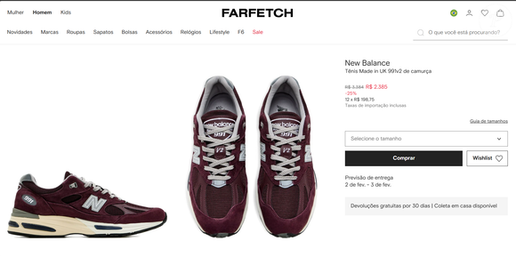 Disponível no Farfetch por R$ 2.385, o New Balance 991v2 se posiciona como investimento para quem busca design, qualidade e versatilidade