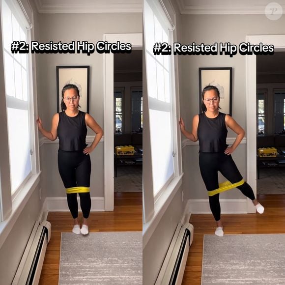 O segundo exercício da especialista foi usar os quadris e a faixa elástica para movimentá-lo em círculos.