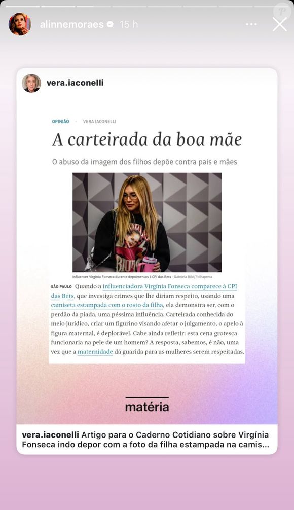 Alinne Moraes compartilhou trecho deste artigo em seu perfil no Instagram
