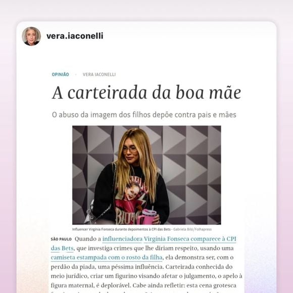 Alinne Moraes compartilhou trecho deste artigo em seu perfil no Instagram