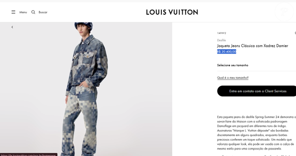 A Jaqueta Jeans Clássica com Xadrez Damier está por R$ 20.400,00 no site da Louis Vuitton.