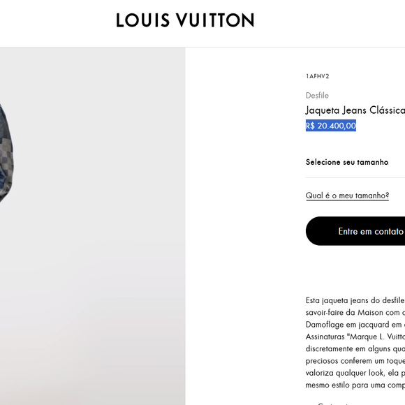 A Jaqueta Jeans Clássica com Xadrez Damier está por R$ 20.400,00 no site da Louis Vuitton.
