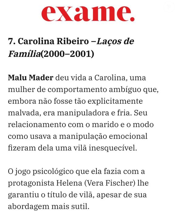 Na matéria (que foi apagada do portal), Malu Mader foi listada como uma vilã em 'Laços de Família'