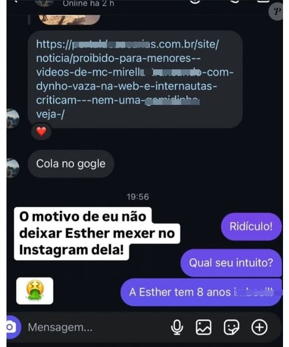 Segundo prints divulgados pela mãe de Esther, o internauta enviou link com os vídeos de MC Mirella e Dynho Alves através de um perfil fake