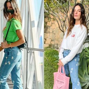 Isis Valverde usou calça jeans com aplicações de flores super fofa mais de uma vez