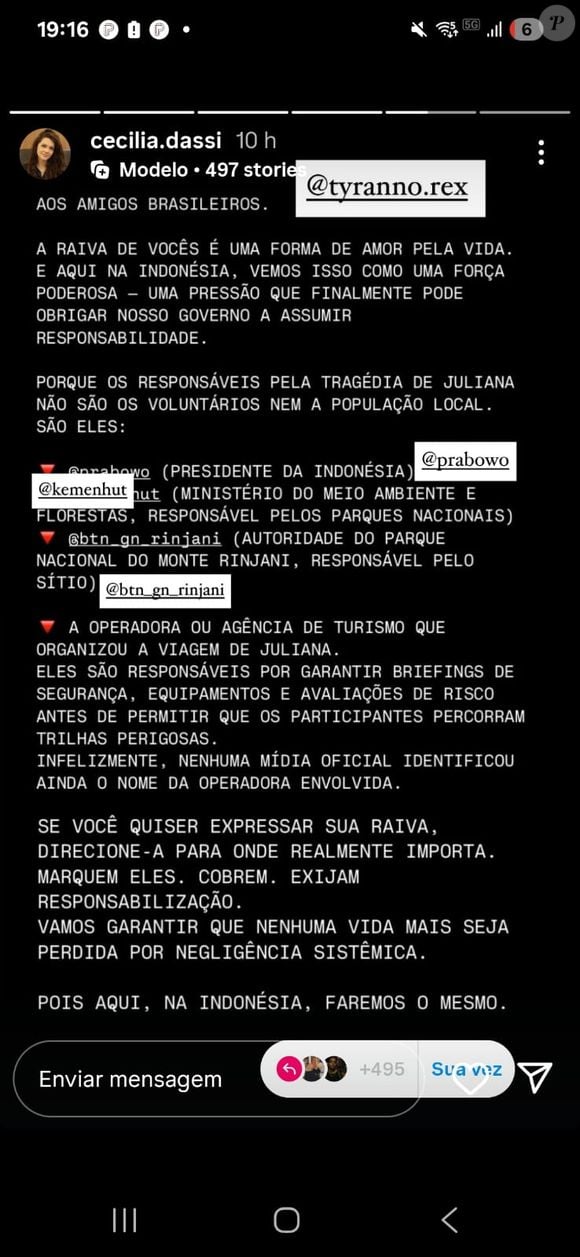 Ex-atriz Cecília Dassi compartilhou texto divulgando 'responsáveis' pela morte de Juliana
