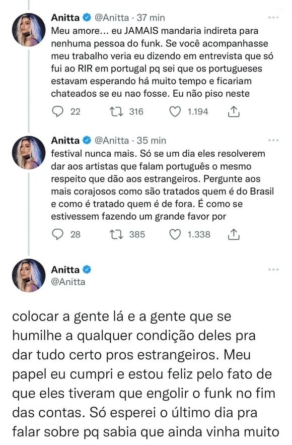 Anitta disse que nunca mais pisaria no Rock in Rio