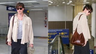 Carnaval no Rio com Bruna Marquezine? Após temporada da atriz nos EUA, Shawn Mendes desembarca com look neutro e bolsa de couro marrom