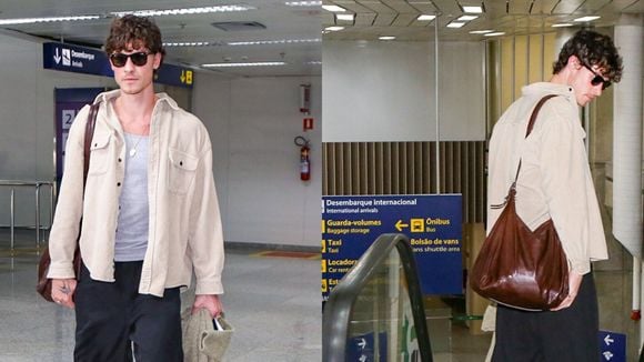 Carnaval no Rio com Bruna Marquezine? Após temporada da atriz nos EUA, Shawn Mendes desembarca com look neutro e bolsa de couro marrom