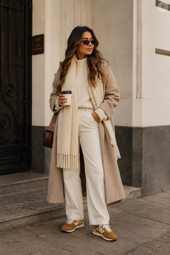 Uma das formas mais elegantes de usar o New Balance 574 V2 é combiná-lo com peças de tons claros e neutros. Casaco bege texturizado, tricô aconchegante e calça off-white criam uma produção sofisticada, confortável e ideal para enfrentar o inverno com estilo