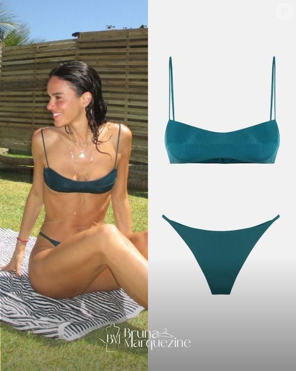 Em um dos momentos, Bruna Marquezine apostou no top Agatha azul profundo, peça que chamou atenção e reforçou seu estilo elegante mesmo em clima de férias
