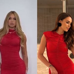 Virgínia Fonseca e Bruna Biancardi foram vistas usando o mesmo vestido vermelho, da marca Cloude, que custa R$ 1.559,80, em ocasiões completamente diferentes