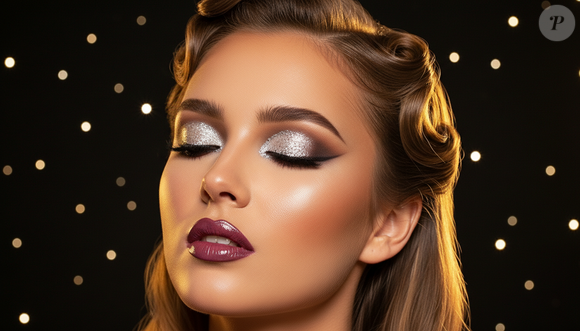 5. Noite Estrelada com Glitter Prateado

Prompt: "Gere retrato glamouroso com sombra prateada cheia de glitter, máscara preta intensa, contorno quente nas bochechas, lábios ameixa com acabamento gloss. Cabelo em ondas marcadas, iluminação de destaque e fundo escuro com pontos luminosos lembrando céu estrelado."