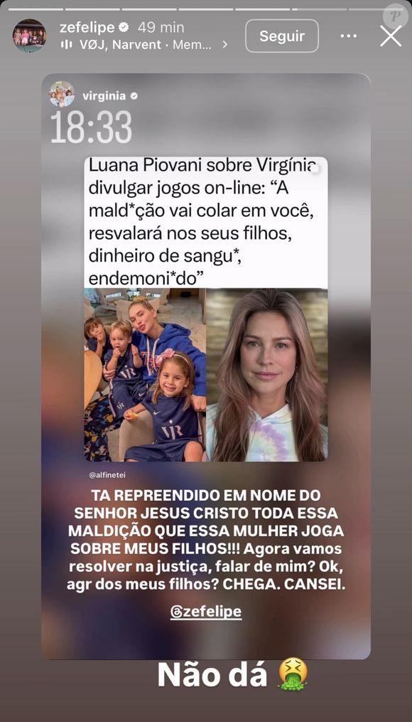 Zé Felipe compartilhou o post de Virgínia Fonseca e adicionou um emoji de vômito contra Luana Piovani