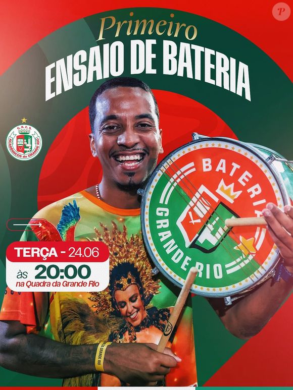 A Grande Rio anunciou o primeiro ensaio da bateria para o próximo desfile. O post traz a imagem de um músico com a camisa estampada com Paolla Oliveira