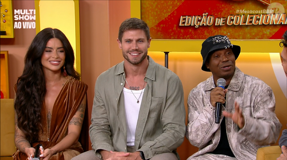 Looks da final do 'BBB 26': Aline Campos, Jonas Sulzbach e Edilson Capetinha no mesacast para descobrir quem vai ganhar o reality Ana Paula Renault Juliano ou tia Milena