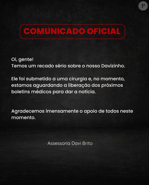 Equipe de Davi Brito postou um comunicado nas redes sociais com teor, no mínimo, alarmante, com direito a fundo preto e à música ‘Segura nas Mãos de Deus’