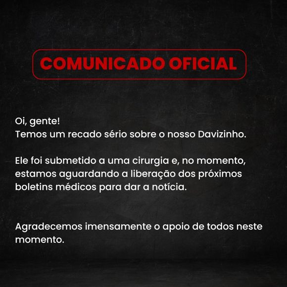 Equipe de Davi Brito postou um comunicado nas redes sociais com teor, no mínimo, alarmante, com direito a fundo preto e à música ‘Segura nas Mãos de Deus’