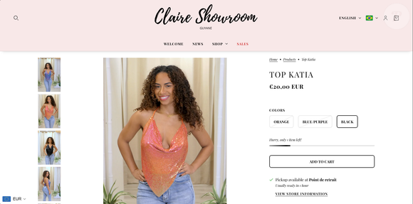 . O modelo Top Katia aparece por €20,00 EUR, que na conversão direta atual de hoje equivale a cerca de R$ 121,33