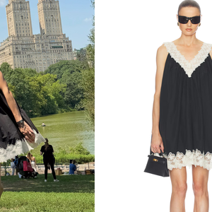O vestido usado por Camila Queiroz foi identificado pelo Purepeople como o Mini Dress With Lace in Tech Poplin, da Helsa, disponível no site Revolve por R$ 1.412,55