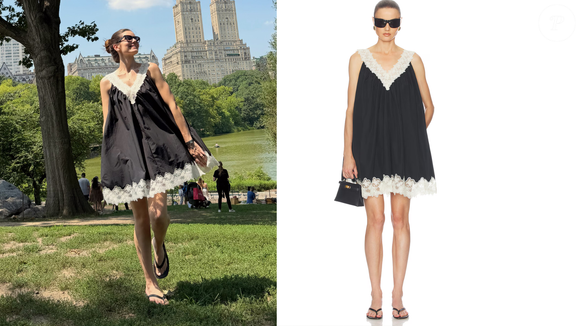 O vestido usado por Camila Queiroz foi identificado pelo Purepeople como o Mini Dress With Lace in Tech Poplin, da Helsa, disponível no site Revolve por R$ 1.412,55