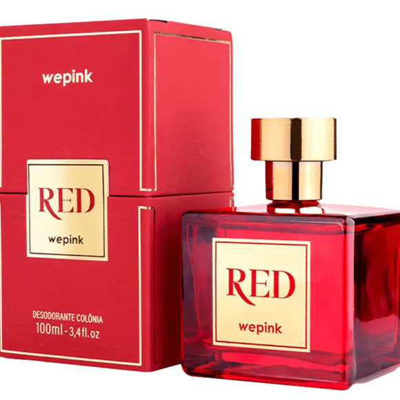 Perfume VF Red da WePink traz notas luminosas e marcantes com violeta, jasmim egípcio, além de praline e âmbar.