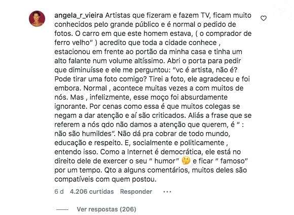 Chateada, Ângela Vieira criticou a atitude 'absurdamente ignorante' do influenciador e lamentou a forma com que ele agiu com ela