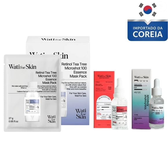 1. Kit Mature Wati for Skin (Osang Cosmetic) | R$ 382,25
Kit coreano completo para quem busca firmeza, luminosidade e rejuvenescimento. Reúne essência de colágeno, ampola com adenosina e EGF, máscara com retinol e nécessaire.
