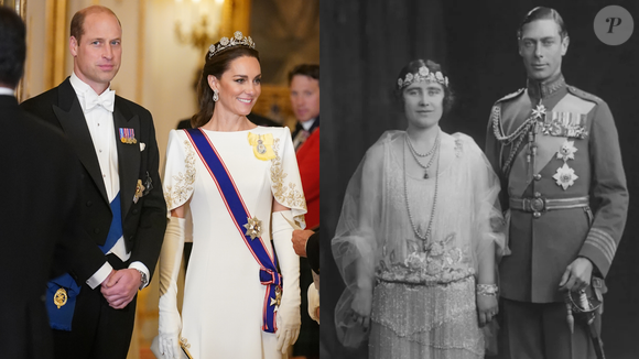 A volta triunfal das rosas de diamante: A joia que simboliza o legado da família Bowes-Lyon reaparece cem anos após seu casamento real original; a esquerda o Príncipe William com Kate Middlenton e a direita o Rei George VI e a Rainha Elizabeth