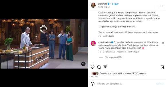 O Chef de cozinha, Alex Atala, publicou um pedido de desculpas após programa 'MasterChef'