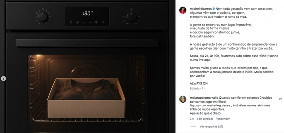 Michelle Barros foi duramente criticada por internautas nos comentários pela estratégia de marketing com a gravidez usada no anúncio