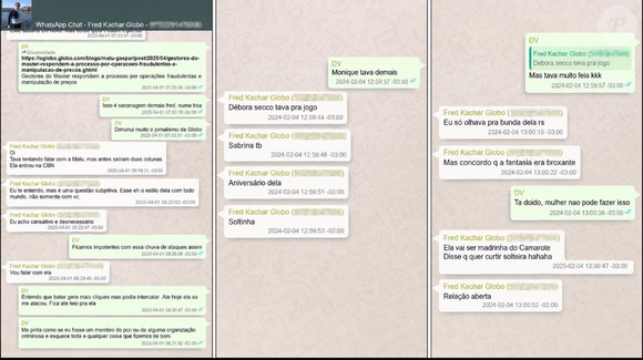 Prints de Vorcaro com Fred Kacher foram publicados por Antonio Tebet no X, antigo Twitter. Nas conversas, os dois fazem comentários machistas e pejorativos contra Deborah Secco e Sabrina Sato
