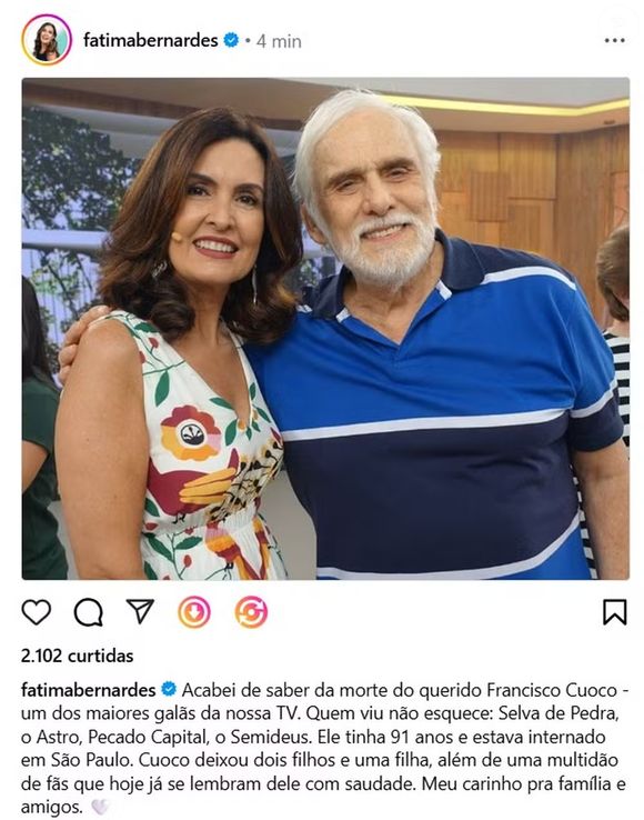 Fátima Bernardes fez um texto no Instagram para Francisco Cuoco, usando uma foto ao lado do ator para ilustrar