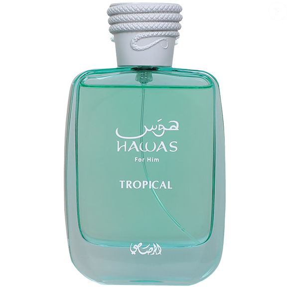 O Hawas Tropical, da Rasasi, combina água de coco, folha de figo e gengibre no topo, criando uma abertura tropical e refrescante para a fragrância lançada em 2025