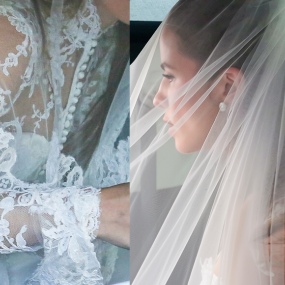 Renda floral, gola alta e véu sobre o rosto: o vestido de noiva clássico de Giulia Be para se casar com Conor Kennedy em igreja histórica do Rio de Janeiro que já recebeu princesa Isabel. Fotos!