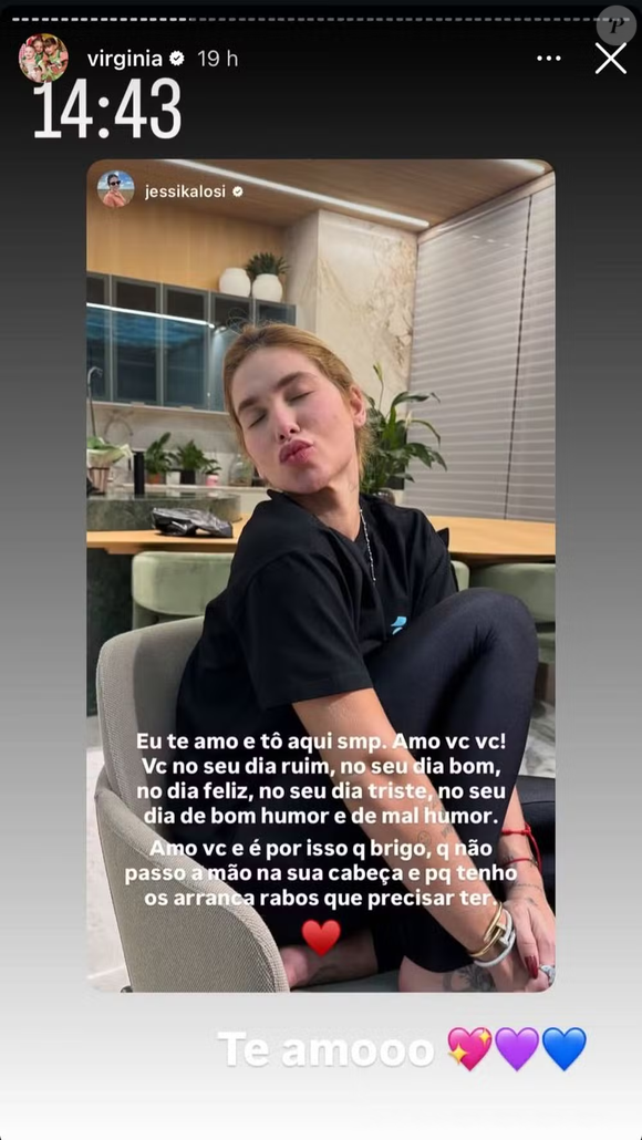 Virgínia Fonseca compartilhou o recado da ex-concunhada. ‘Te amo’, derreteu-se