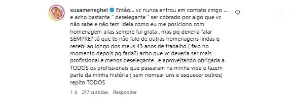 Xuxa x Cahê Rodrigues: apresentadora rebateu provocação do carnavalesco. 'Você nunca entrou em contato comigo e acho bastante 'deselegante' ser cobrada por algo que você não sabe e não tem ideia como eu me posiciono com homenagem'