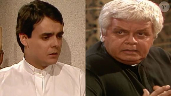 Em 'Tieta', Ricardo (Cassio Gabus Mendes) é colocado contra a parede por padre Mariano (Claudio Correa e Castro) devido à relação com mulher mais velha