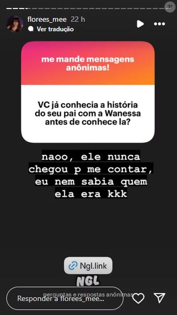 Ana Flor, filha de Dado Dolabella e Juliana Wolter, disse que não conhecia a história de amor entre o pai e Wanessa Camargo