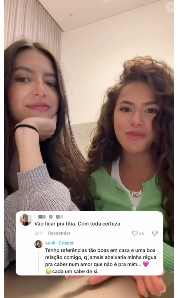 Ao ser provocada dizendo que "ficaria para a titia", Maisa retrucou uma internauta dizendo que não aceita qualquer amor