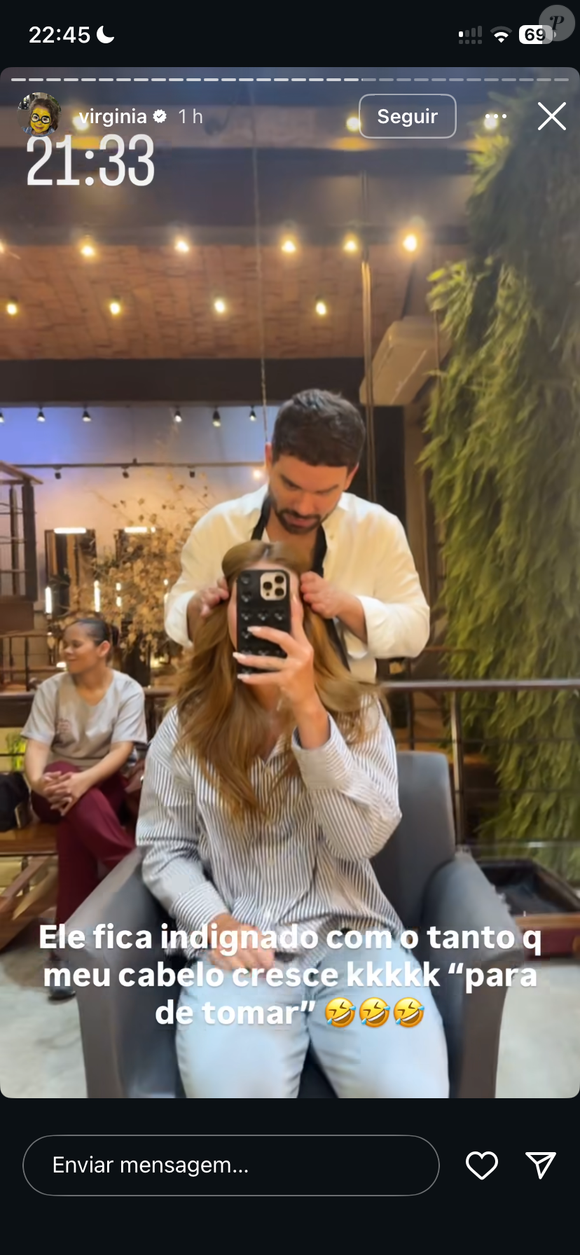 Virginia compartilhou nos Stories o bronzeado “de milhões” e a surpresa do cabeleireiro com o rápido crescimento de seus fios.