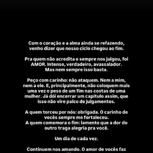"Pra quem não acredita e sempre nos julgou, foi AMOR. Intenso, verdadeiro, avassalador. Mas nem sempre isso basta", escreveu Lorena Maria