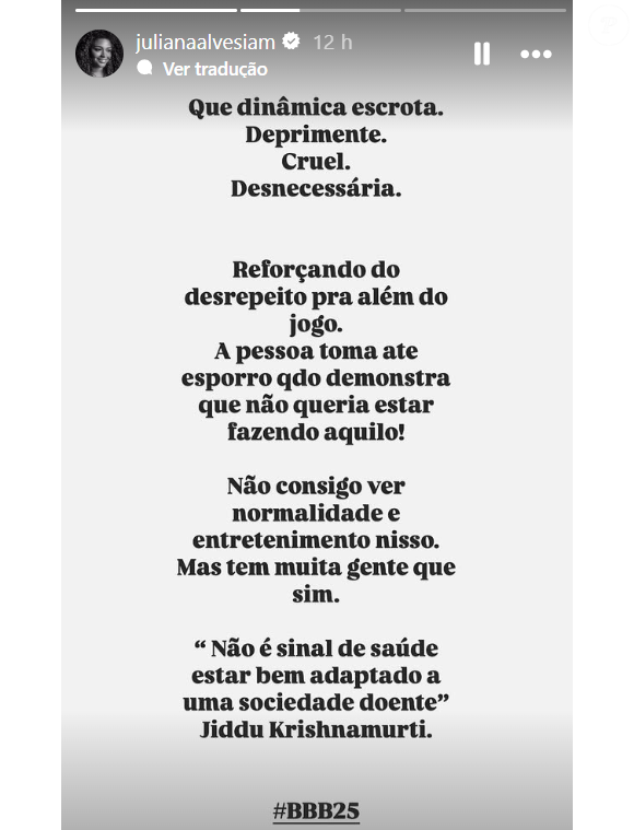 Juliana Alves expôs sua opinião sobre o Sincerão polêmico do 'BBB 25'.