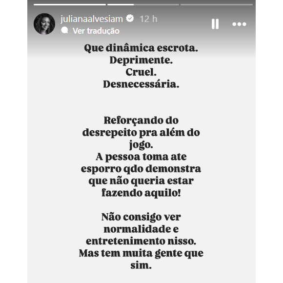 Juliana Alves expôs sua opinião sobre o Sincerão polêmico do 'BBB 25'.