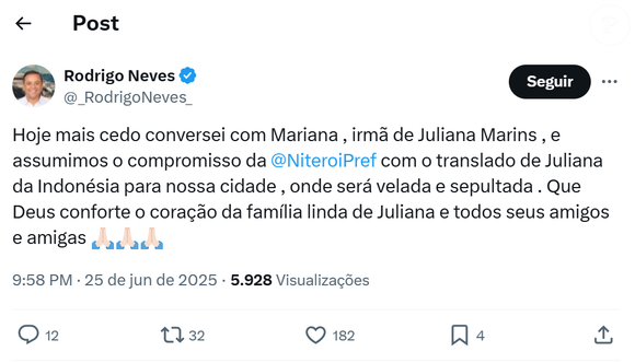 Prefeito de Niterói confirmou a informação do X, antigo Twitter. Ele afirma que a família já está ciente